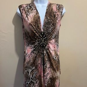 Top, beaded center design, pink,brown animal print, sleeveless, handkerchief btm